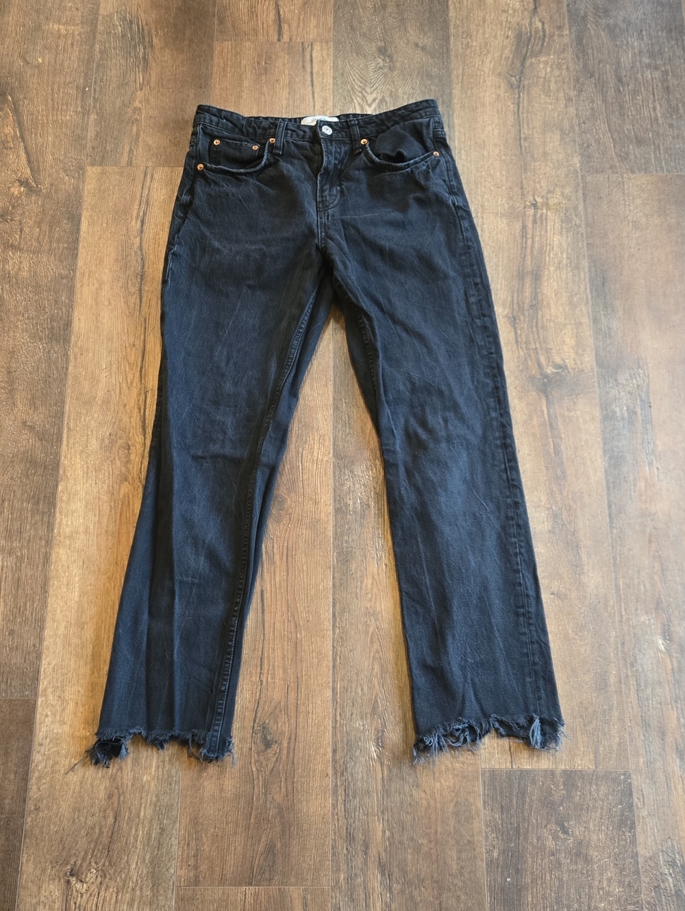 Zara Black Straight-Leg Jeans with Raw Hem